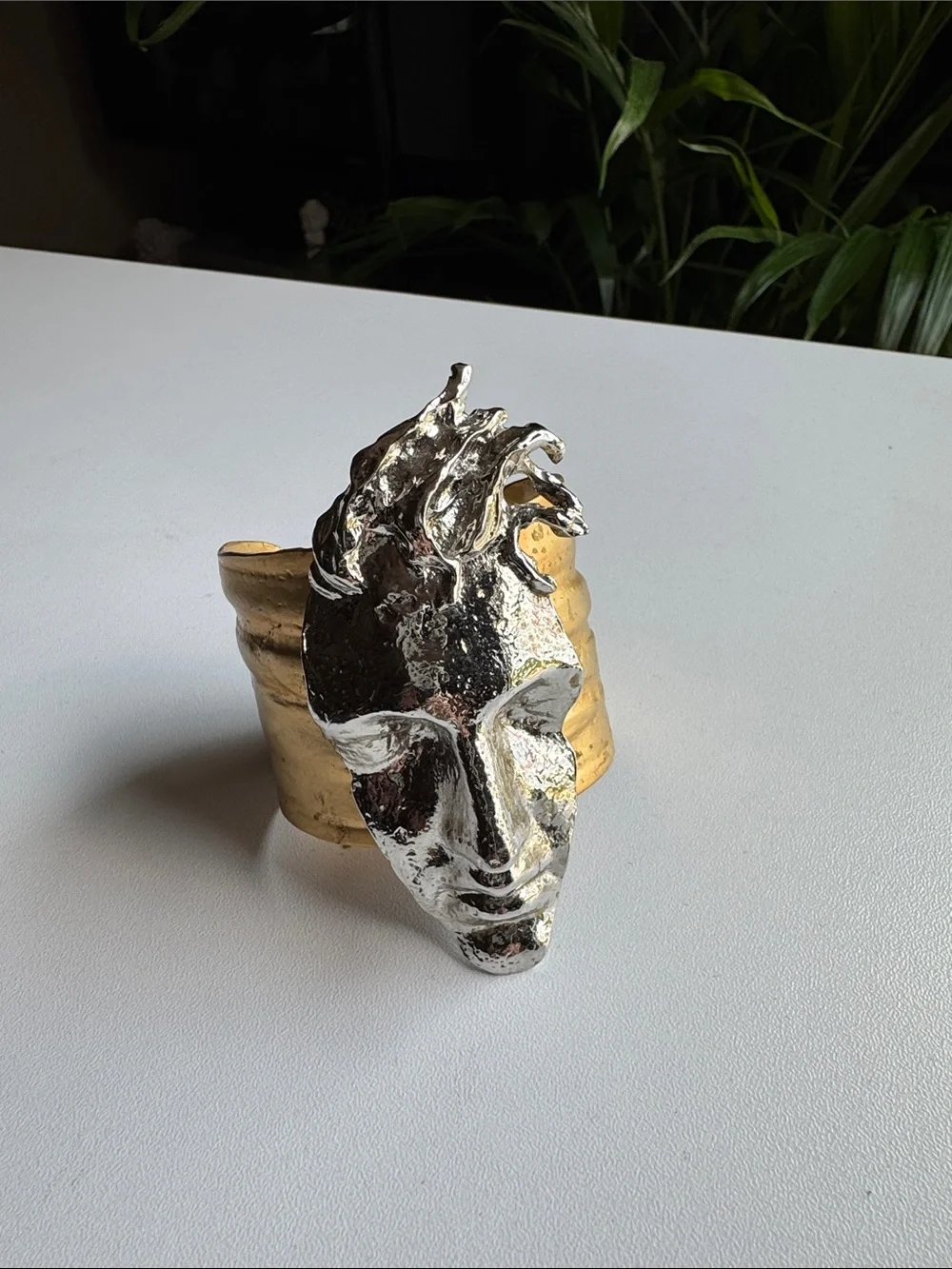 Sculptural Two-Tone Face Cuff Bracelet - Silver & Gold